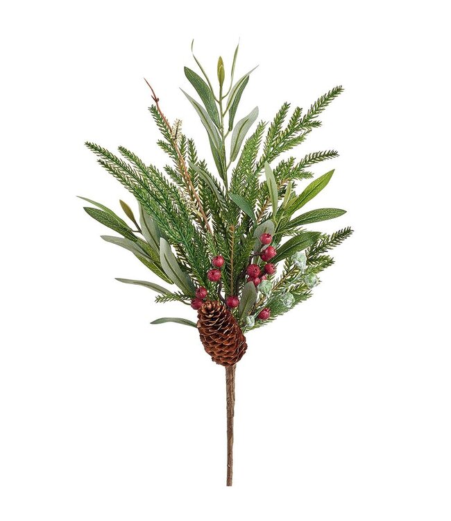 Tige pin, eucalyptus, baies rouge et cocottes | Pic décoratif