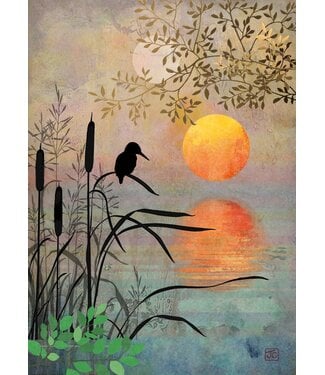 Carte - Quenouilles, oiseau et couché de soleil