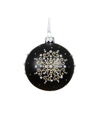 Boule de Noël noire brillante avec flocon or et perles