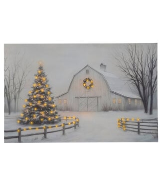 Cadre illuminé grange et sapin 23 x 15 po