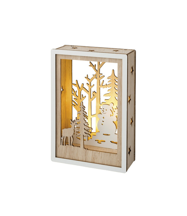 Scène d'hiver en bois illuminée  | Lumière & magie du temps des Fêtes