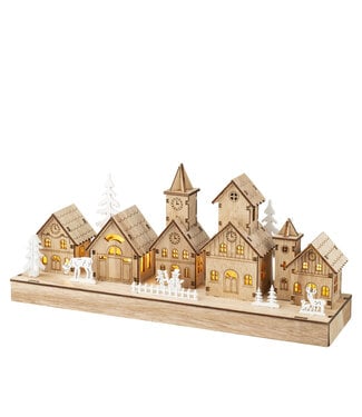 Village décoratif en bois naturel et blanc LED