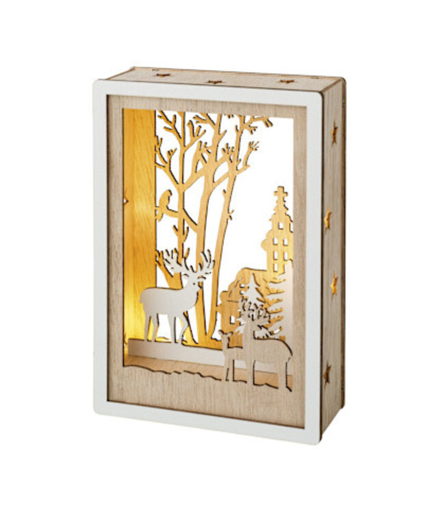 Scène d'hiver en bois illuminée  | Lumière & magie du temps des Fêtes