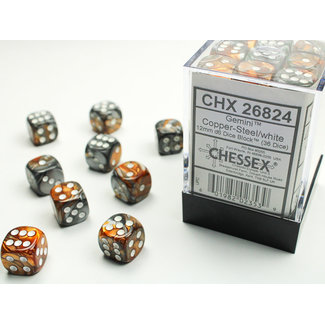 Chessex Gemini® D6 12mm Dice: Copper-Steel/white