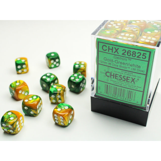 Gemini D6 12mm Dice: Gold-Green/white