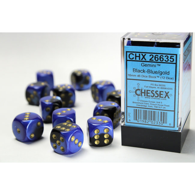 Gemini® D6 16mm Dice: Black-Blue/gold