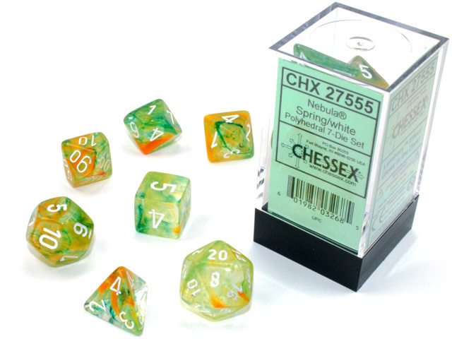 Polyhedral 7-Die Nebula Dice Set - Black With White Numbers, Sharp Edge RPG Dice