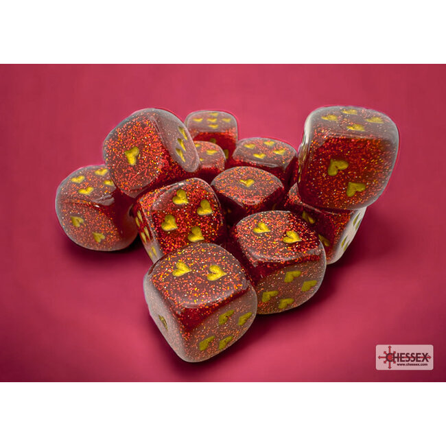 Heart Signature D6 16mm Dice: Glitter Ruby red/gold