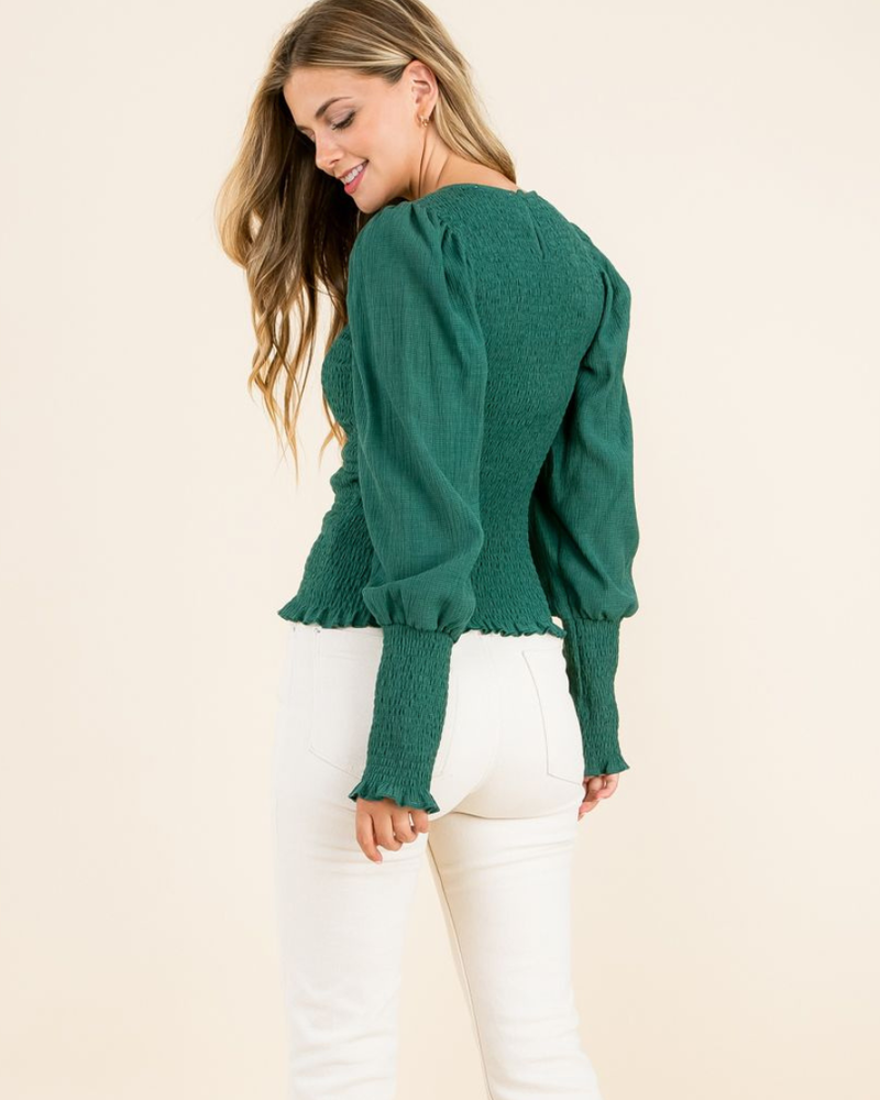 THML THML ‘Green With Envy’ Textured Smocked Top