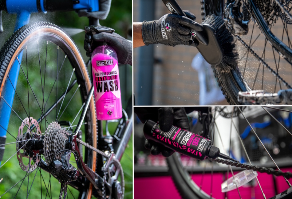 Collage of bike cleaning and chain lubricating images