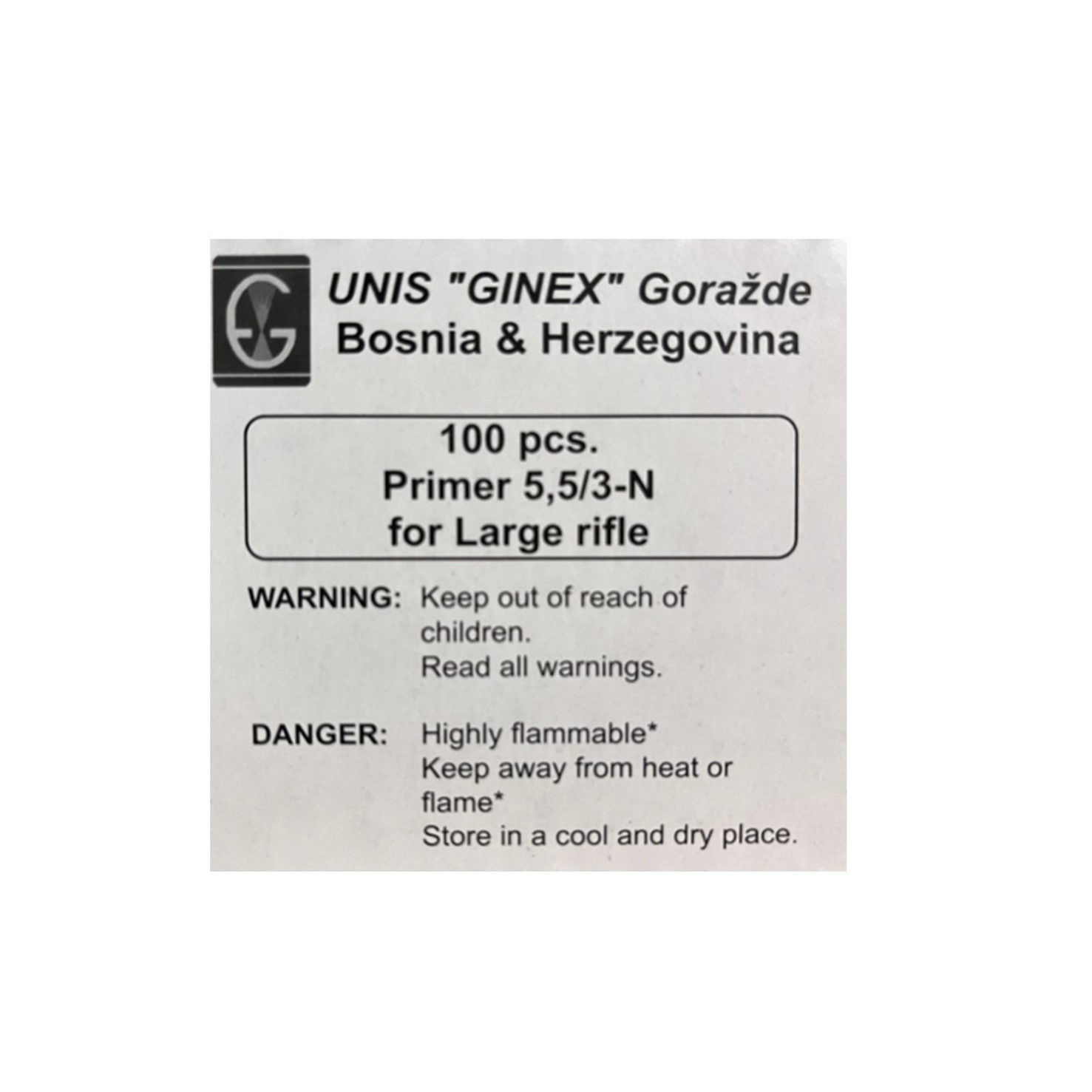 Unis Ginex Primer 5.5/3-N For Large Rifle , 100 Count