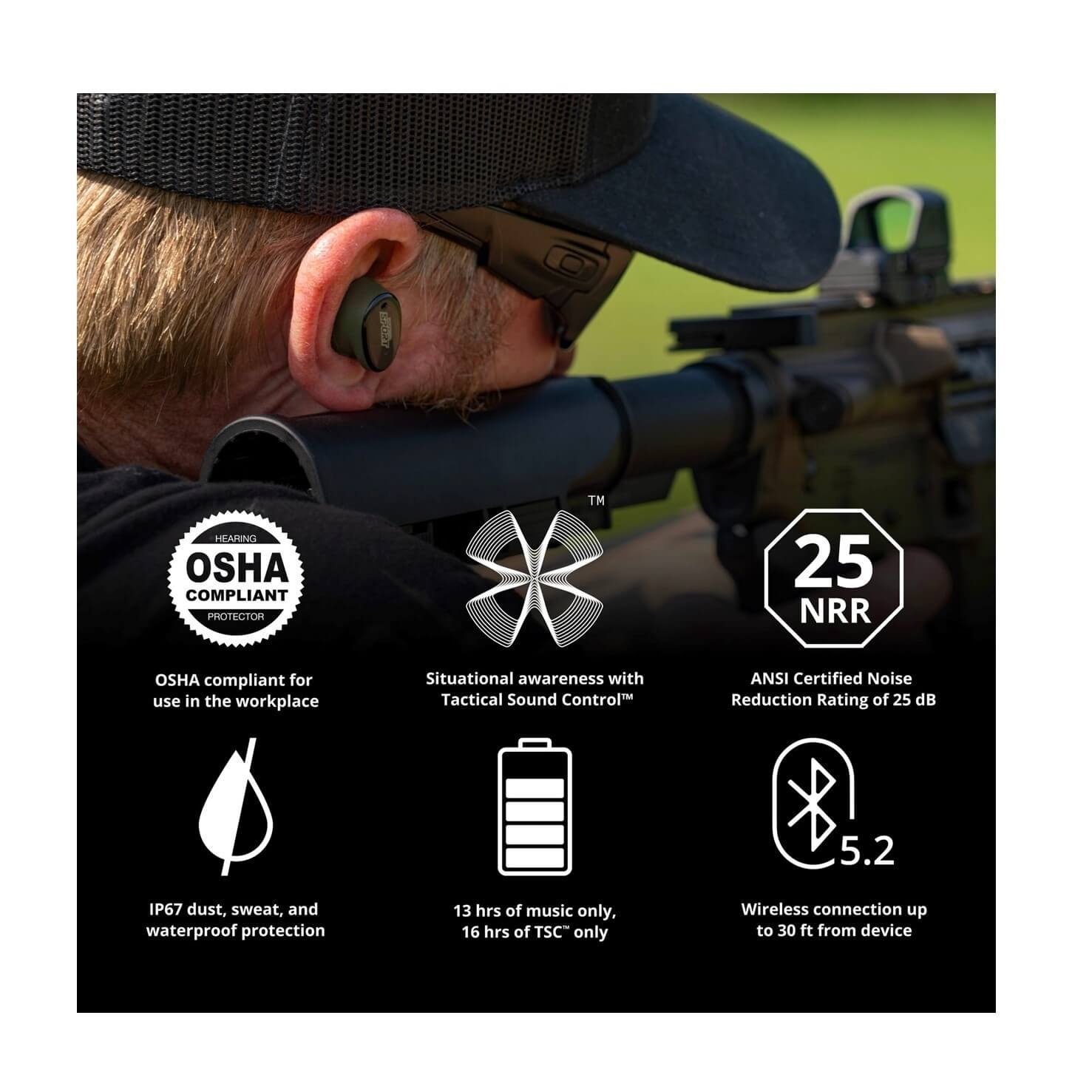 ISOtunes SPORT CALIBER True Wireless Tactical Earbuds with Bluetooth, 25 NRR