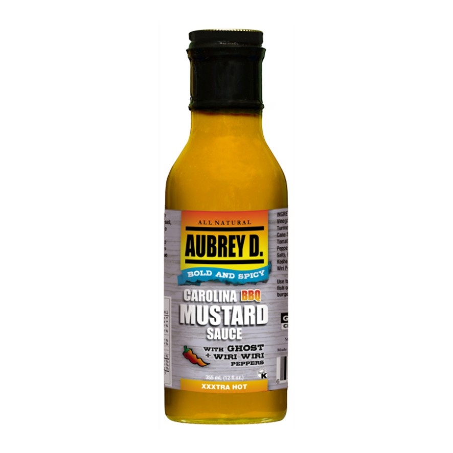 Aubrey D. Hot BBQ Sauces - 375ml | Carolina Mustard Sauce with Ghost & Wiri Wiri Peppers