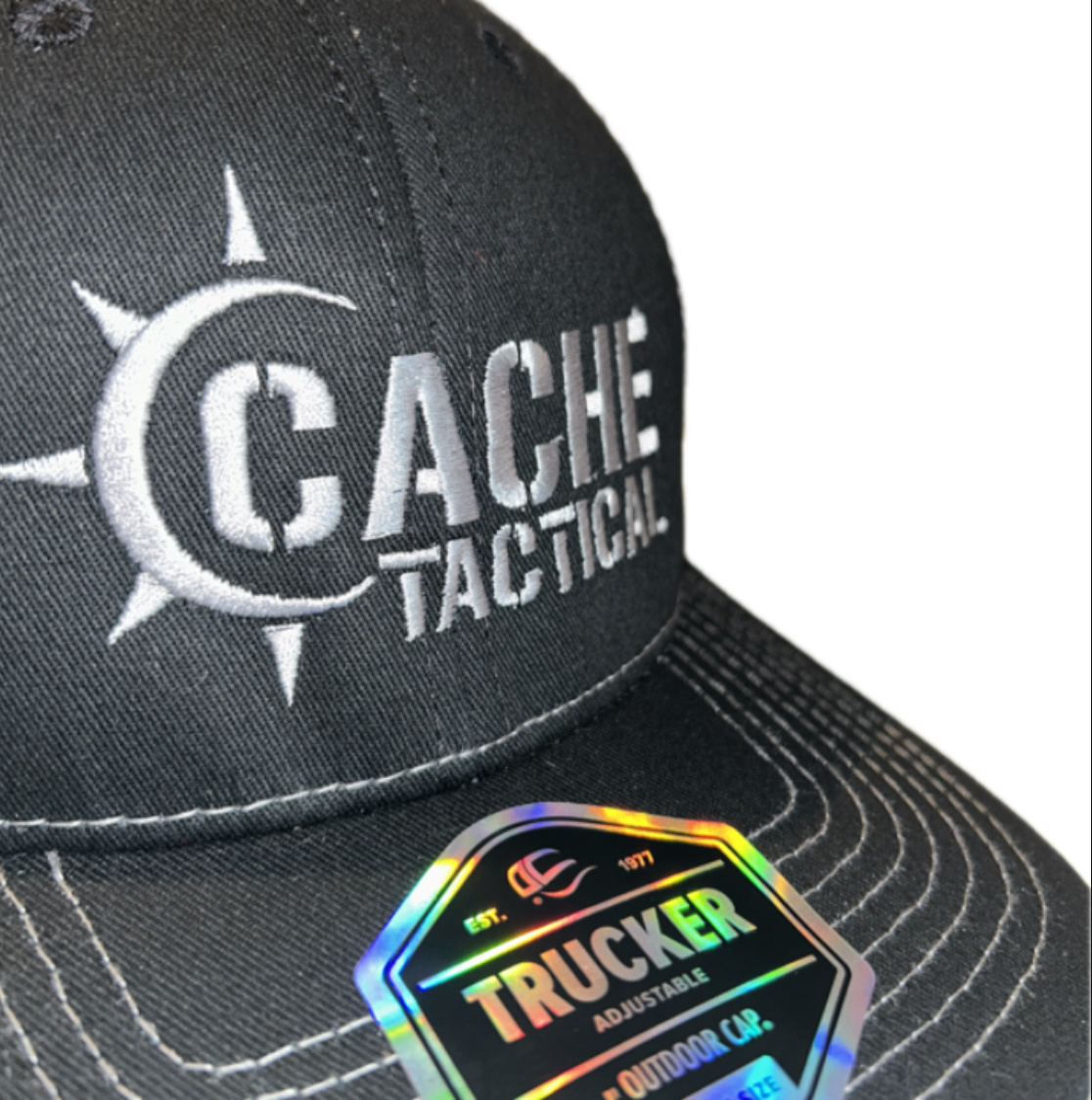 Outdoor Cap Cache Tactical Trucker Hat - Black/Charcoal w/ Silver Thread