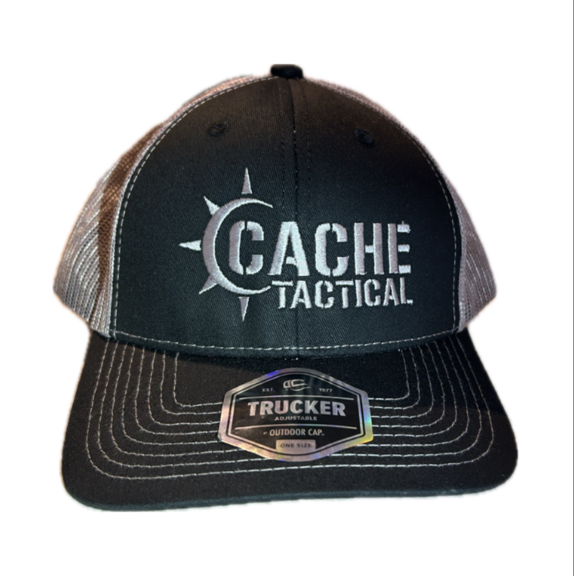 Outdoor Cap Cache Tactical Trucker Hat - Black/Charcoal w/ Silver Thread