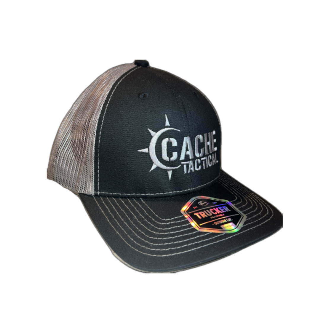 Outdoor Cap Cache Tactical Trucker Hat - Black/Charcoal w/ Silver Thread