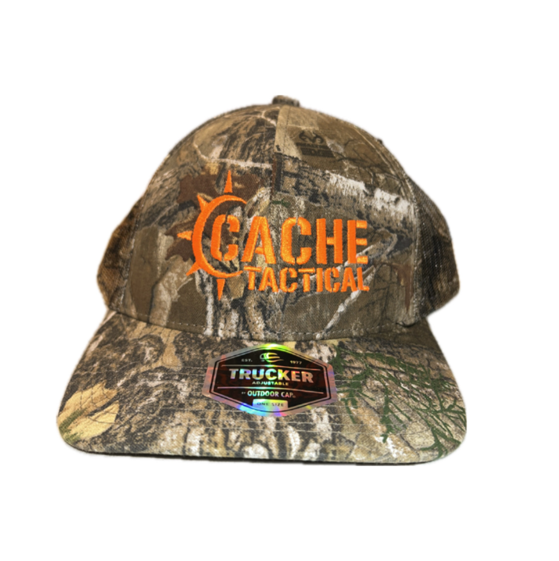 Outdoor Cap Cache Tactical Trucker Hat - Camo Meshback with Orange Thread