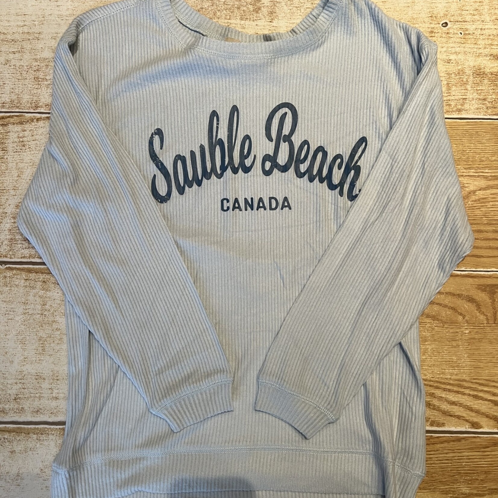 Sauble Beach SB cursive arch ribbed hacci crew