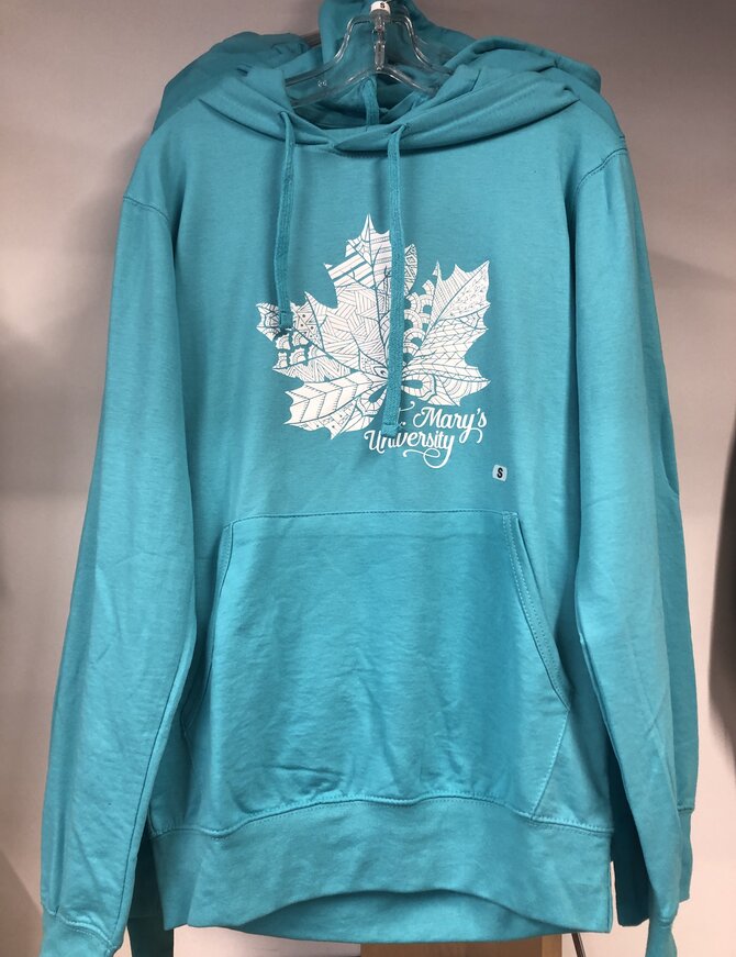 French Terry Hoodie Maple Leaf Print Turquoise Large
