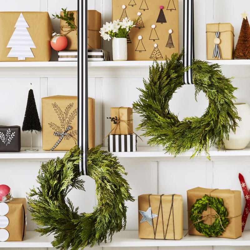 Shelfie with wrapped gifts
