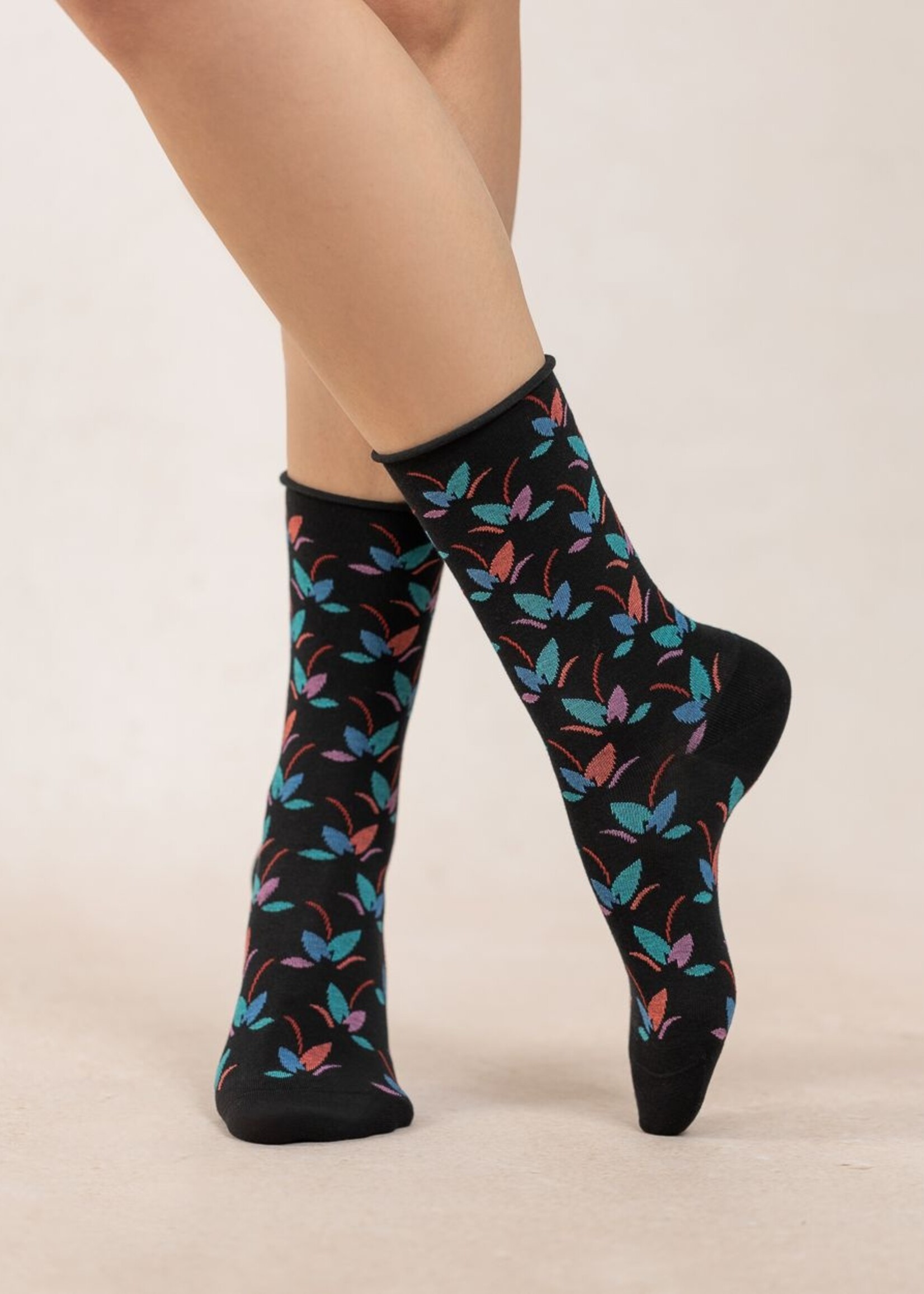 Bleu Forêt Chaussettes BF veloutées Feuillage 6496
