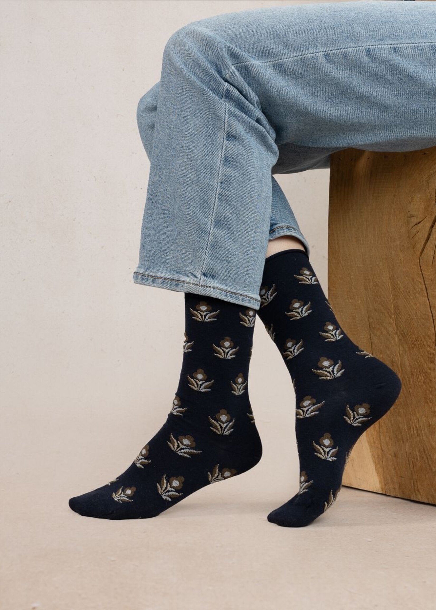 Bleu Forêt Chaussettes BF laine Fleurs 6487