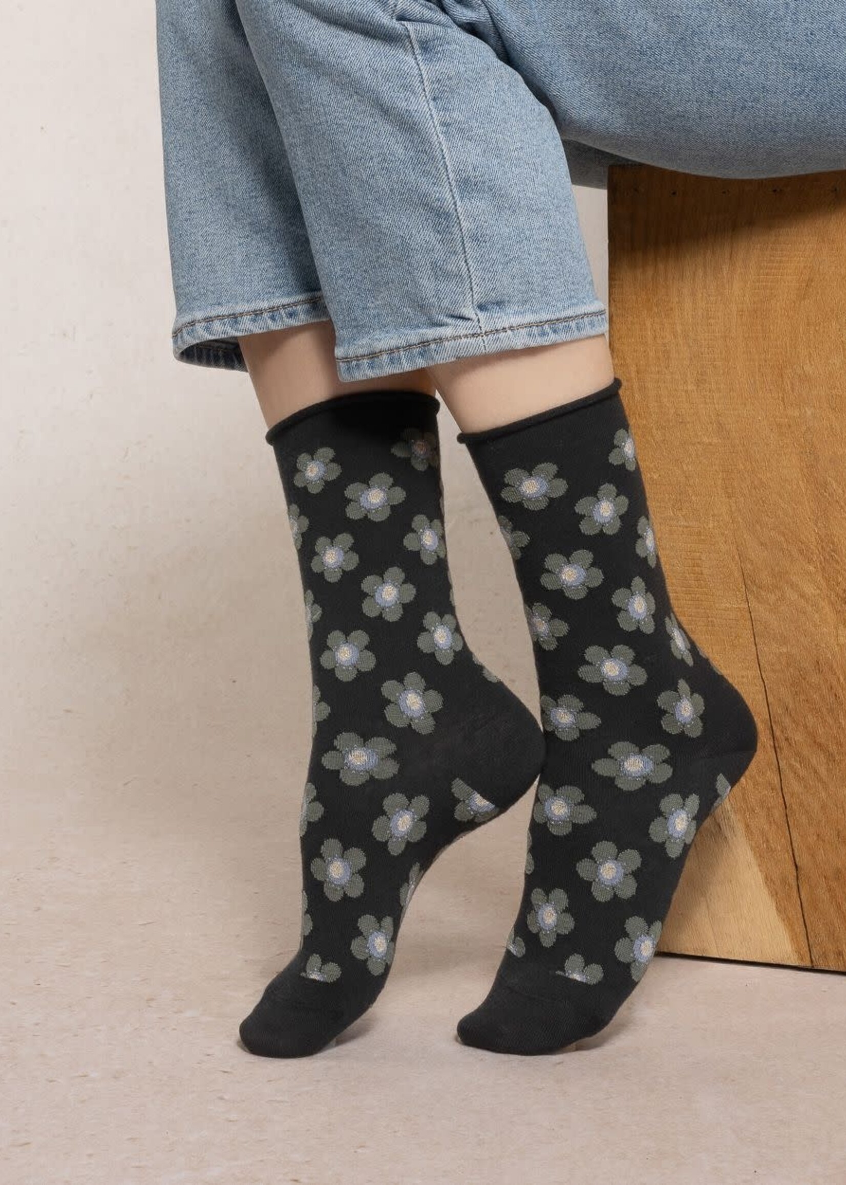 Bleu Forêt Chaussettes BF laine fine fleurs 6564