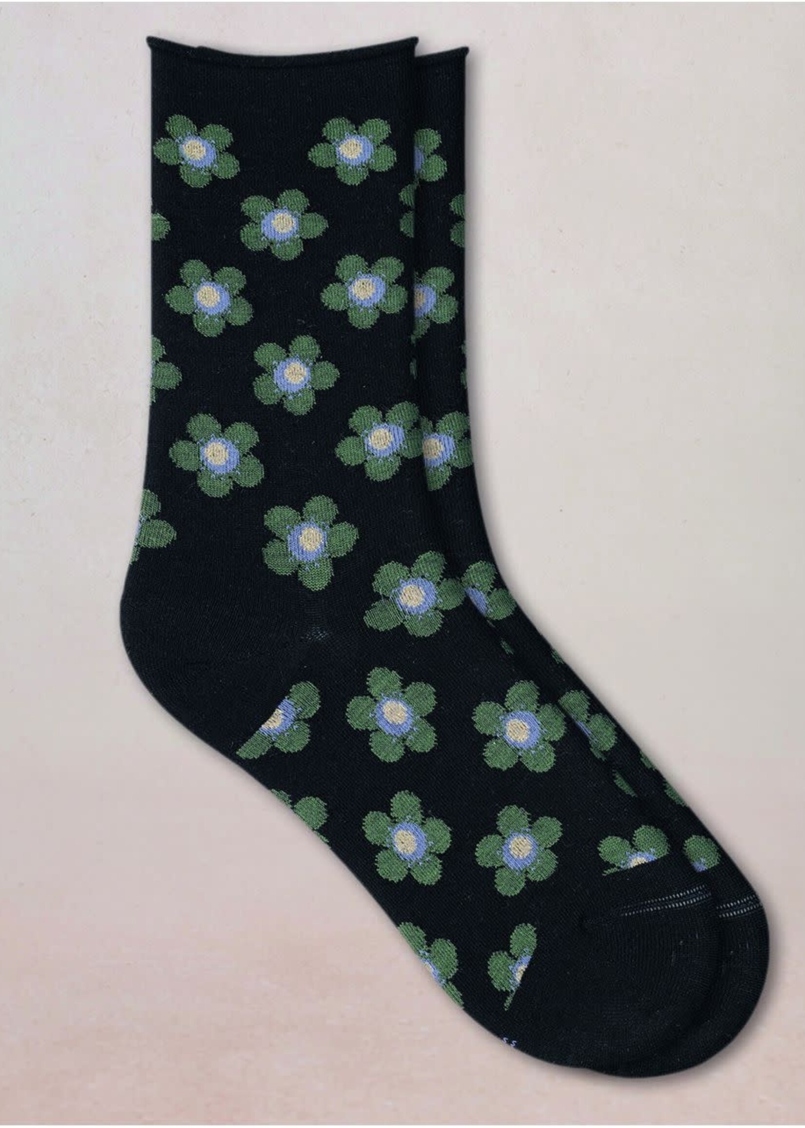 Bleu Forêt Chaussettes BF laine fine fleurs 6564