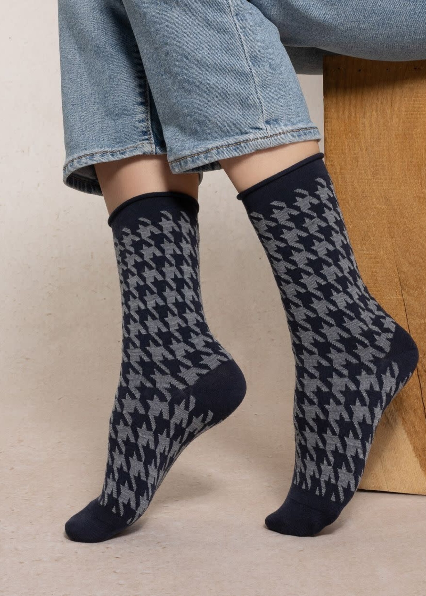 Bleu Forêt Chaussettes BF laine fine pieds de poule 6563
