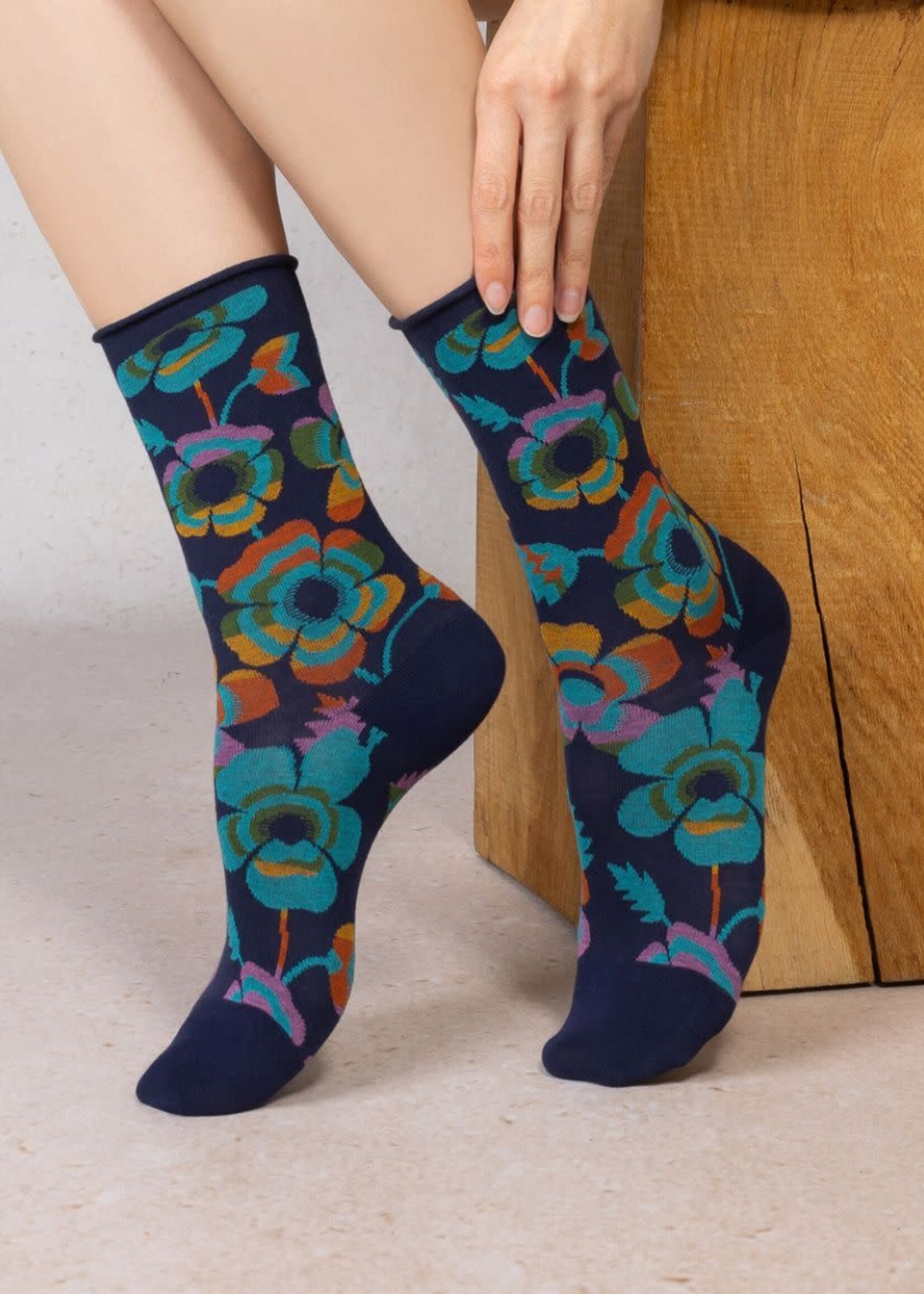 Bleu Forêt Chaussettes BF veloutées fleurs 6627