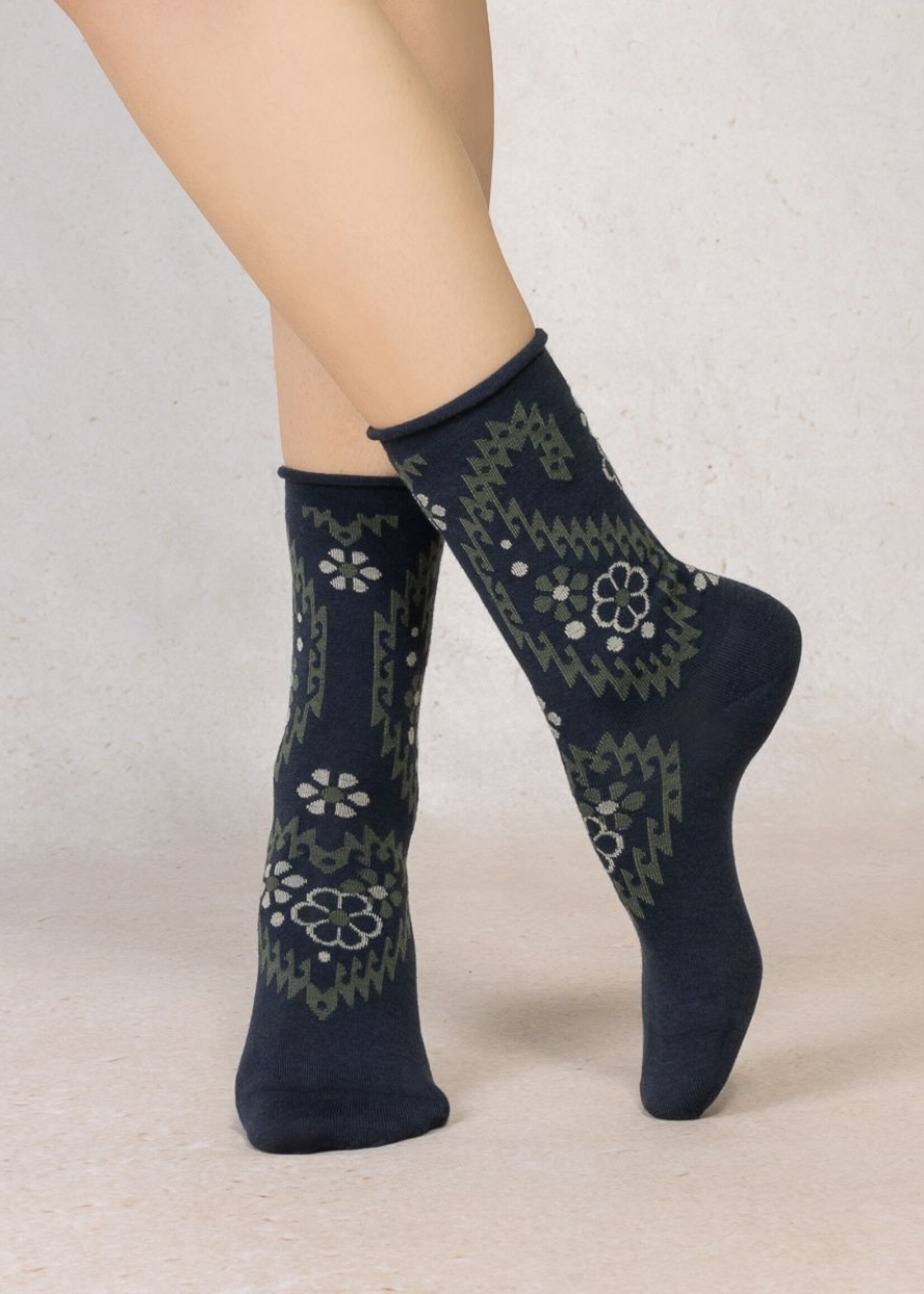Bleu Forêt Chaussettes BF laine fine fleurs 6622
