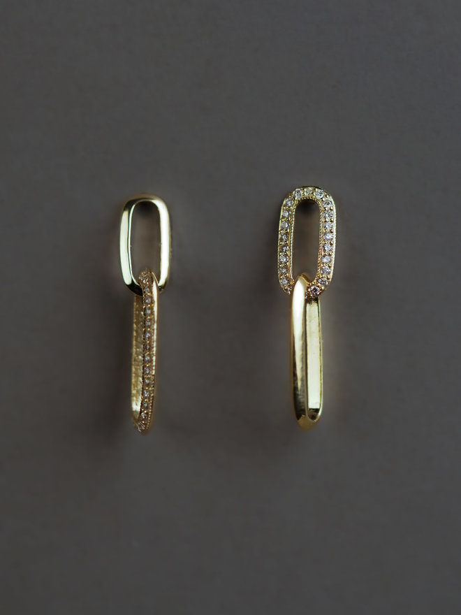 Alternating Pavé Double Knife Edge Yellow Gold Drop Earrings | Lizzie Mandler