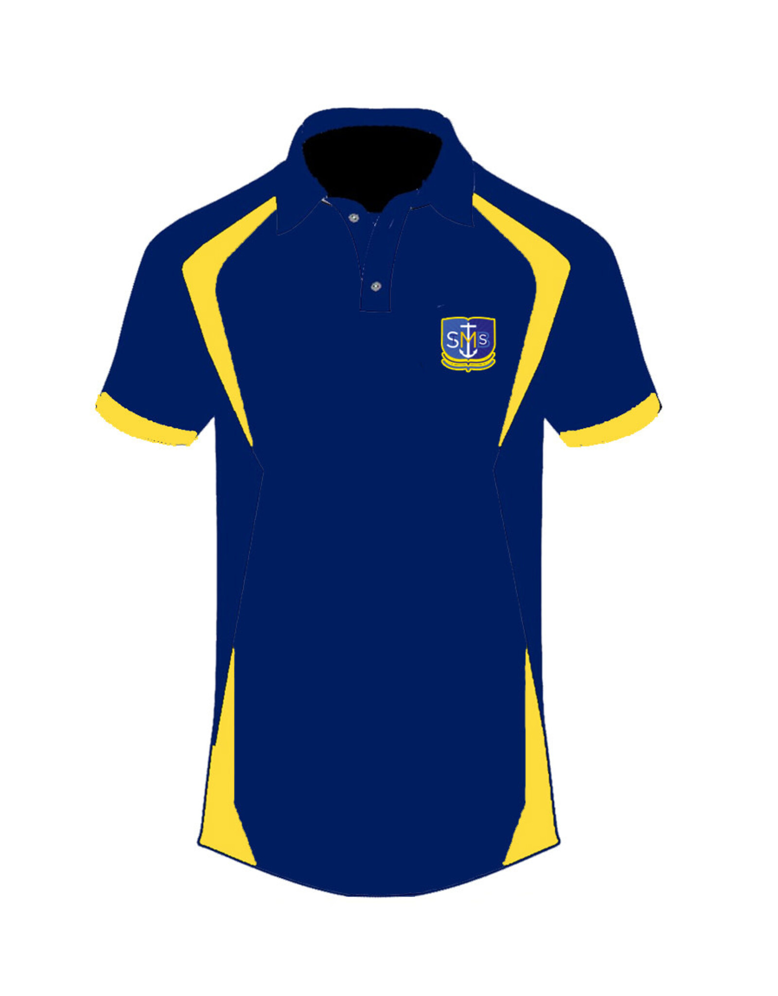 St. Monica Bilingual School Polo Blanco | Sublimado Azul y Amarillo | Saint Monica
