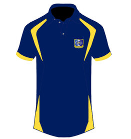St. Monica Bilingual School Polo Blanco | Sublimado Azul y Amarillo | Saint Monica