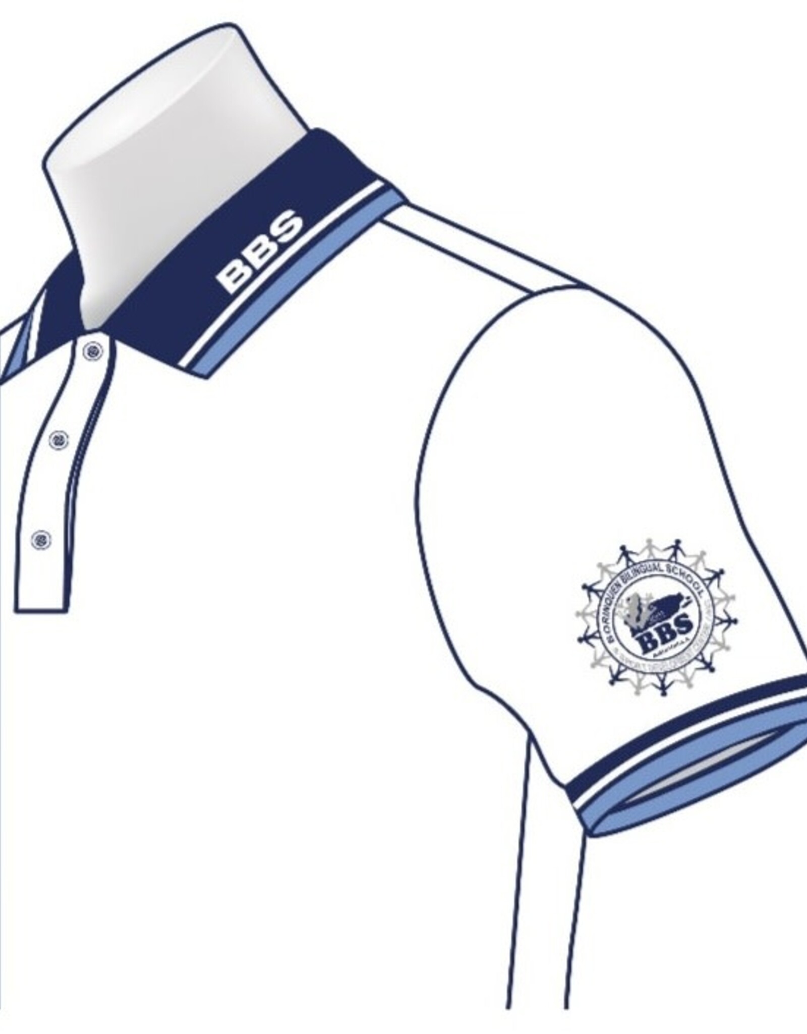 Borinquen Bilingual School Polo Pique | Blanco | Cuellos y Mangas Azul | Borinquen Bilingual School