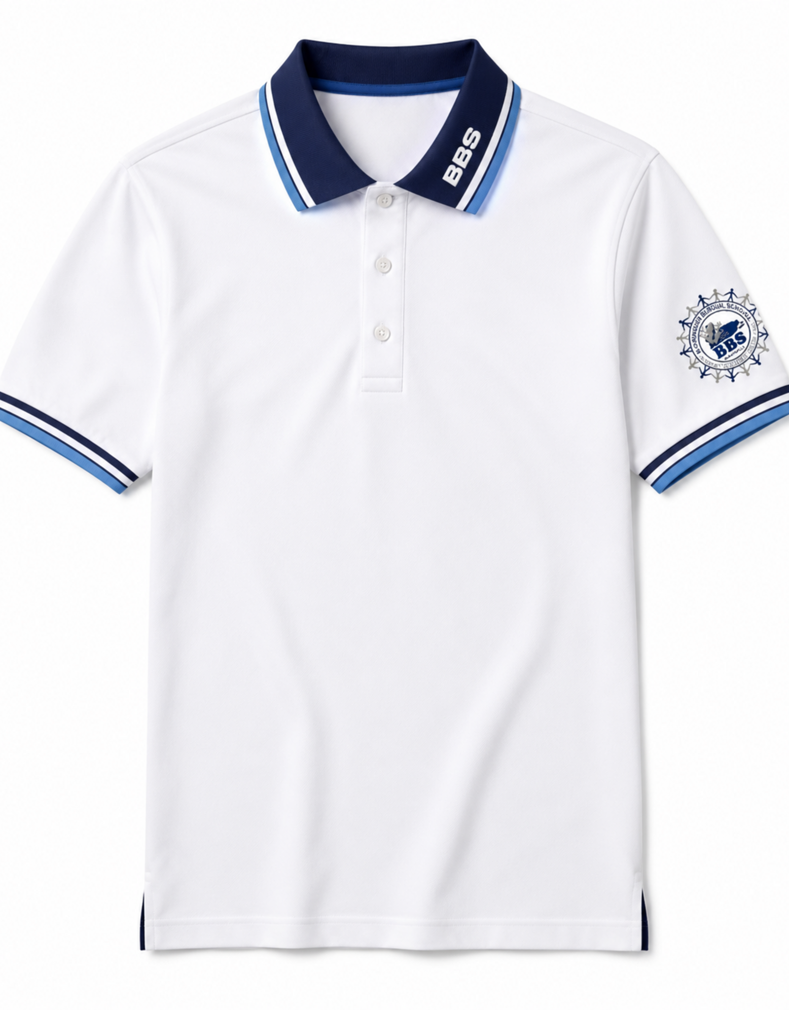 Borinquen Bilingual School Polo Pique | Blanco | Cuellos y Mangas Azul | Borinquen Bilingual School