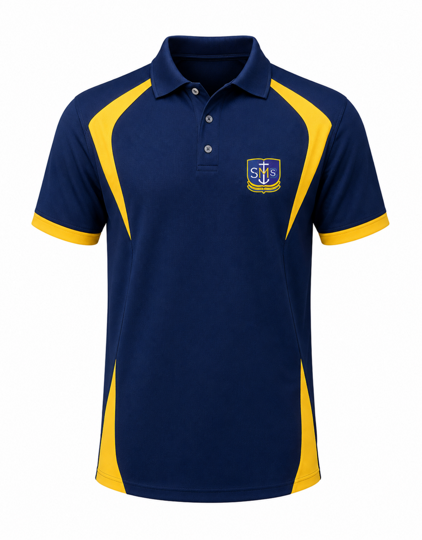 St. Monica Bilingual School Polo Blanco | Sublimado Azul y Amarillo | Saint Monica