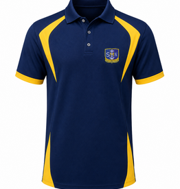 St. Monica Bilingual School Polo Blanco | Sublimado Azul y Amarillo | Saint Monica