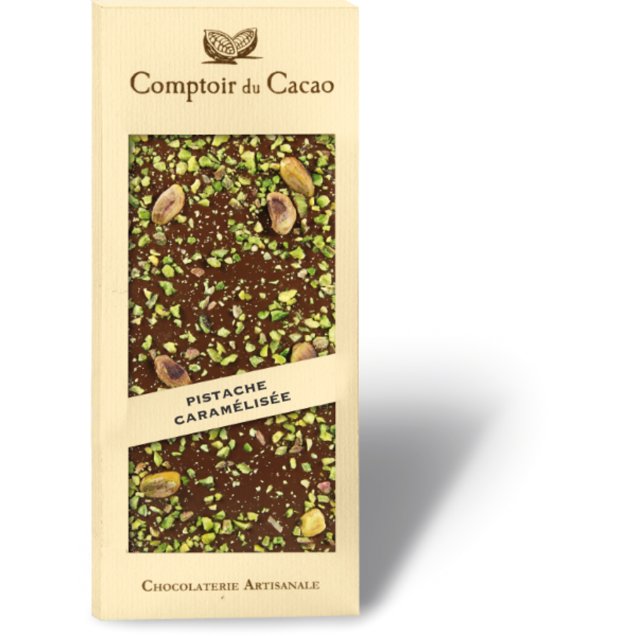 Barre gourmande  chocolat au lait pistache caramélisée  90g