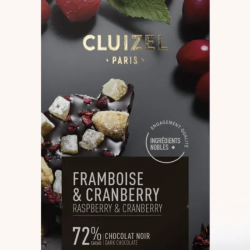 Tablette de chocolat noir à la framboise et canneberges - Cluizel Paris 70g 