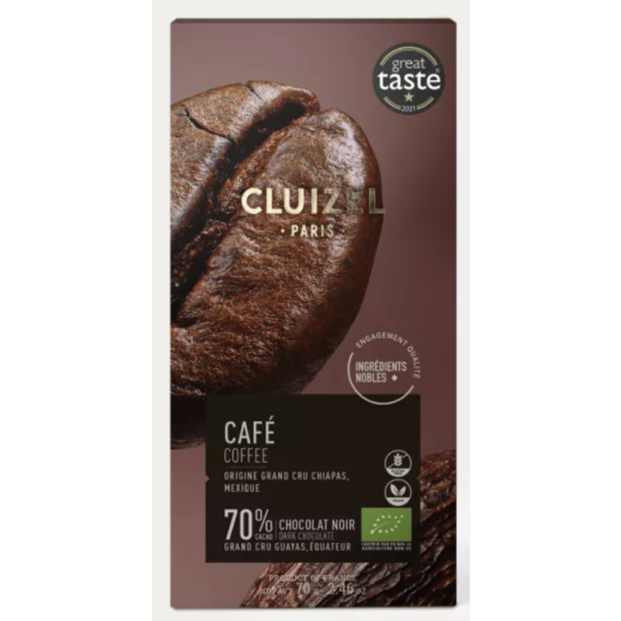 Tablette de chocolat noir 70% au café - Cluizel 70g