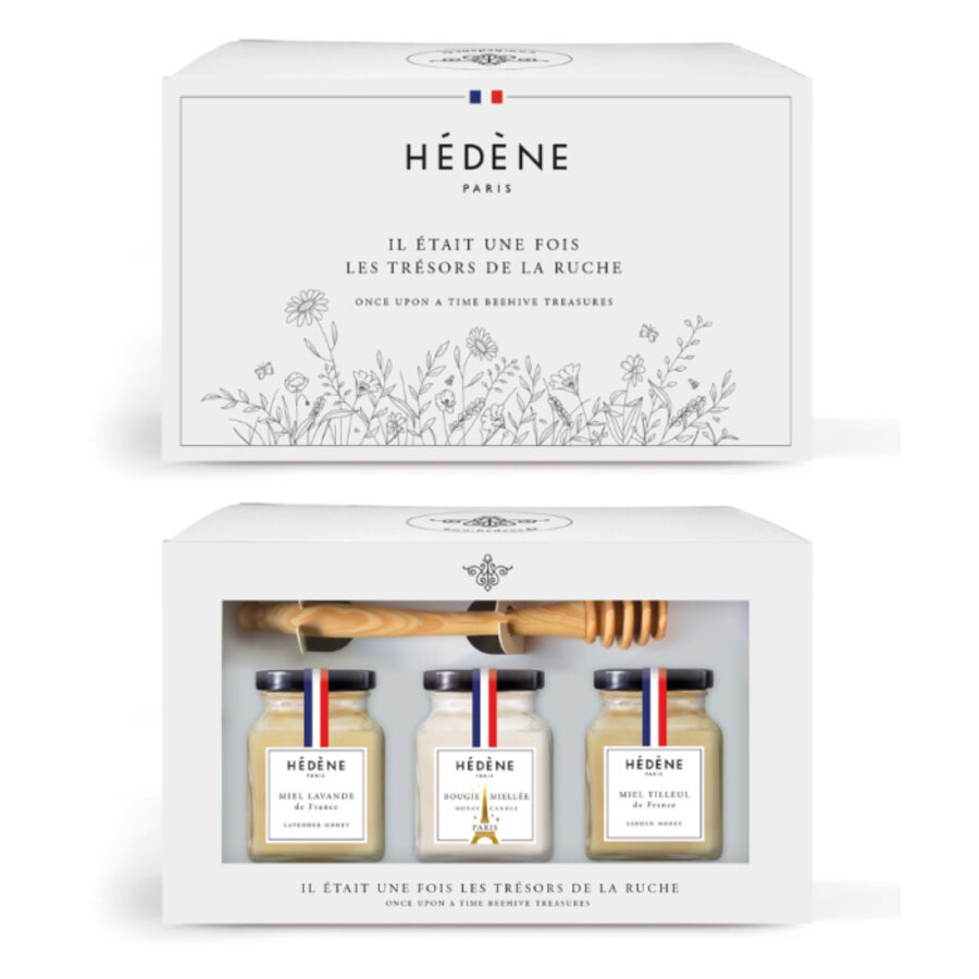 Cocooning box: lavender and lime blossom honey, honeyed candle and honey spoon - Hédène 320g