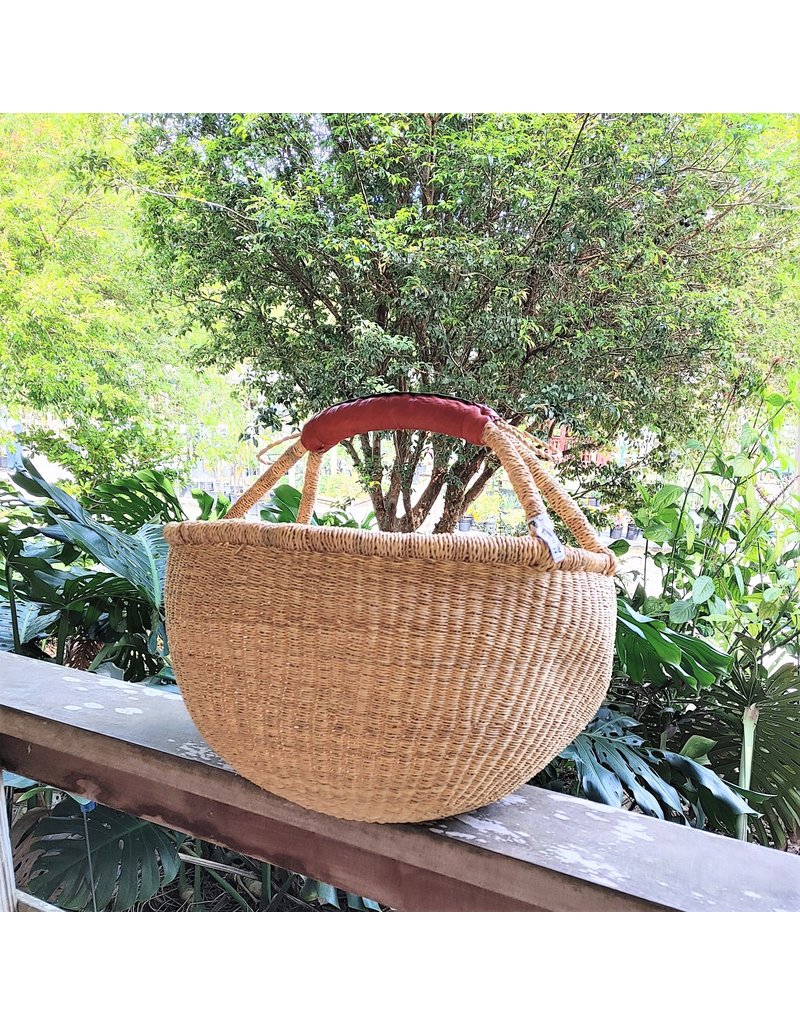 Large Round Market Basket, Natural Color with Leather Handle