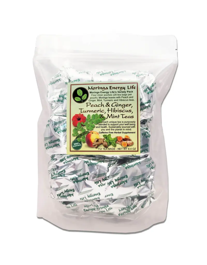 Moringa Tea Variety 4 Pack (Peach & Ginger, Turmeric, Hibiscus, Mint)
