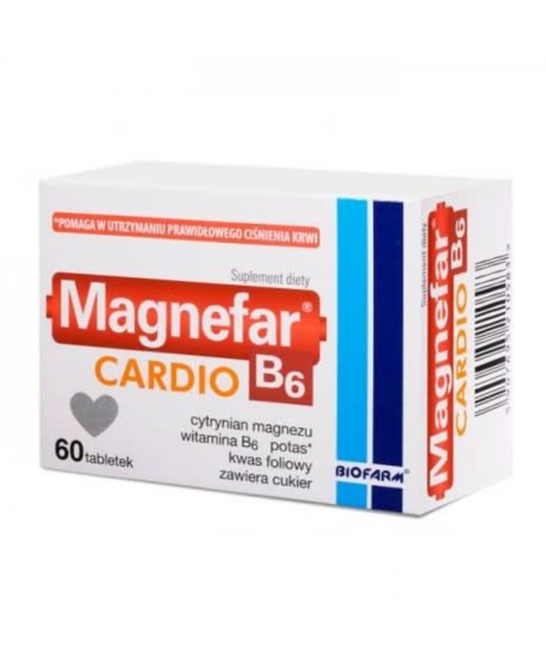 BIOFARM MAGNEFAR B-6 CARDIO Cytrynian Magnezu, Witamina B-6, Potas, Kwas Foliowy 60 tabl