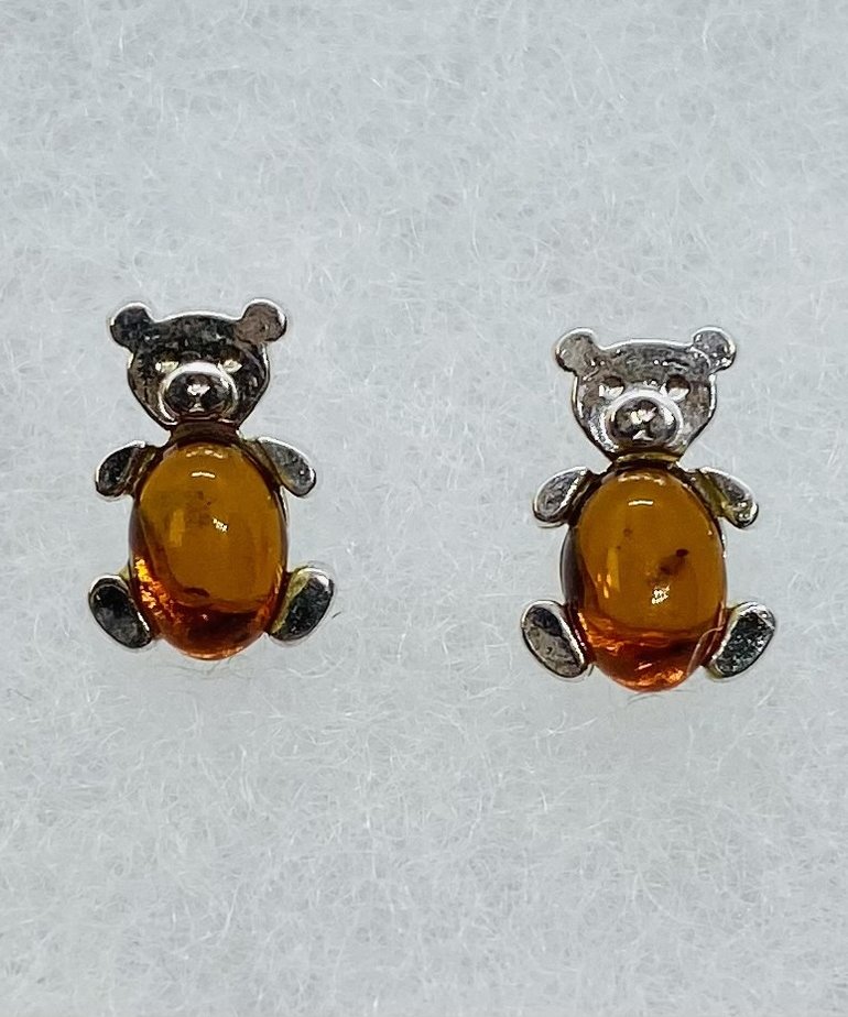 Silver Amber Bear Earrings