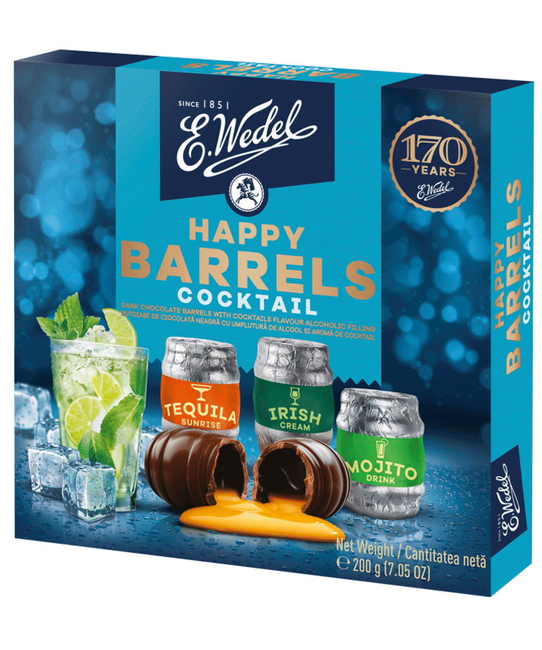 E.WEDEL E. WEDEL - Happy Barrels Coctail Liqueur Chocolates Gift Box, Chocolate Selection Boxes with Alcoholic Filling 200 g