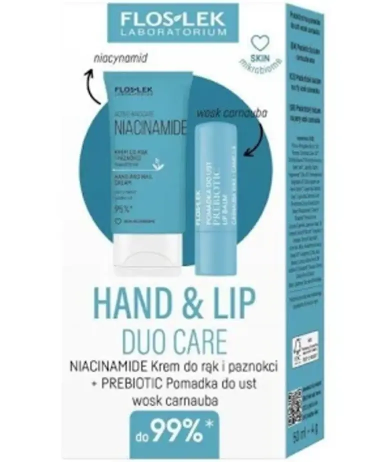 FLOSLEK HAND & LIP DUO CARE- Active Hand Care Niacynamide 50 ml + Pomadka PREBIOTIC Wosk Carnauba 4 g