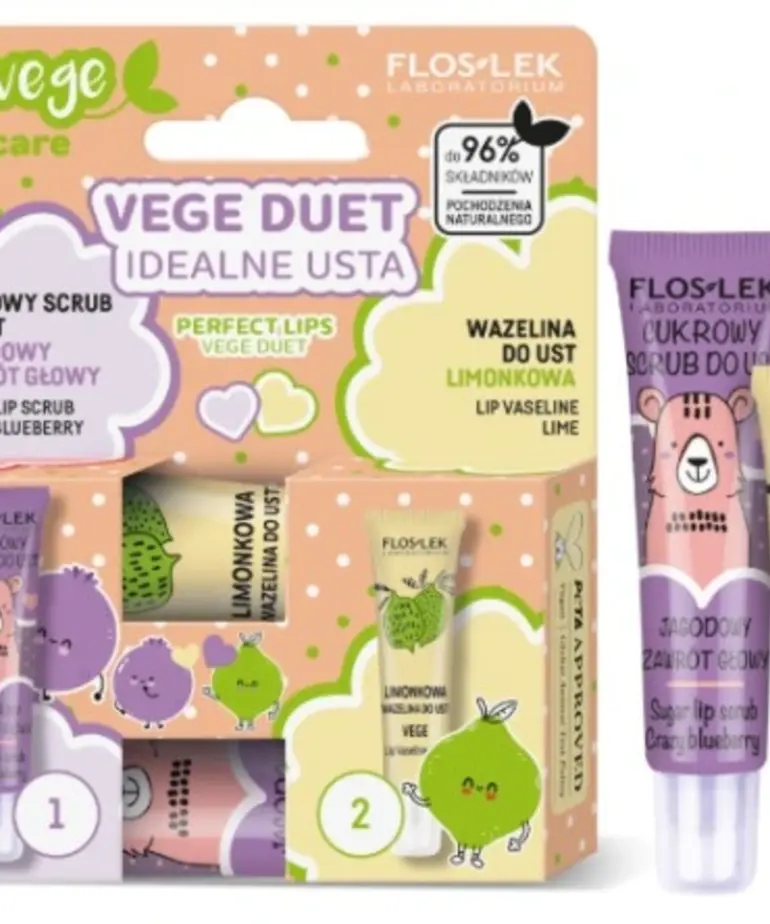 FLOSLEK VEGE DUET IDEALNE USTA Cukrowy Scrub Do Ust Jagodowy Zawrót Głowy 14 g + Wazelina Do Ust Limonkowa 10 g