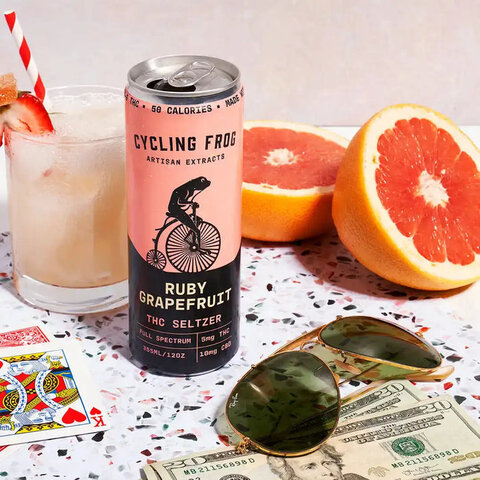 Cycling Frog Delta-9 THC Seltzer Beverages 5MG THC 2:1 CBD:THC 12oz Can Ruby Grapefruit Flavor